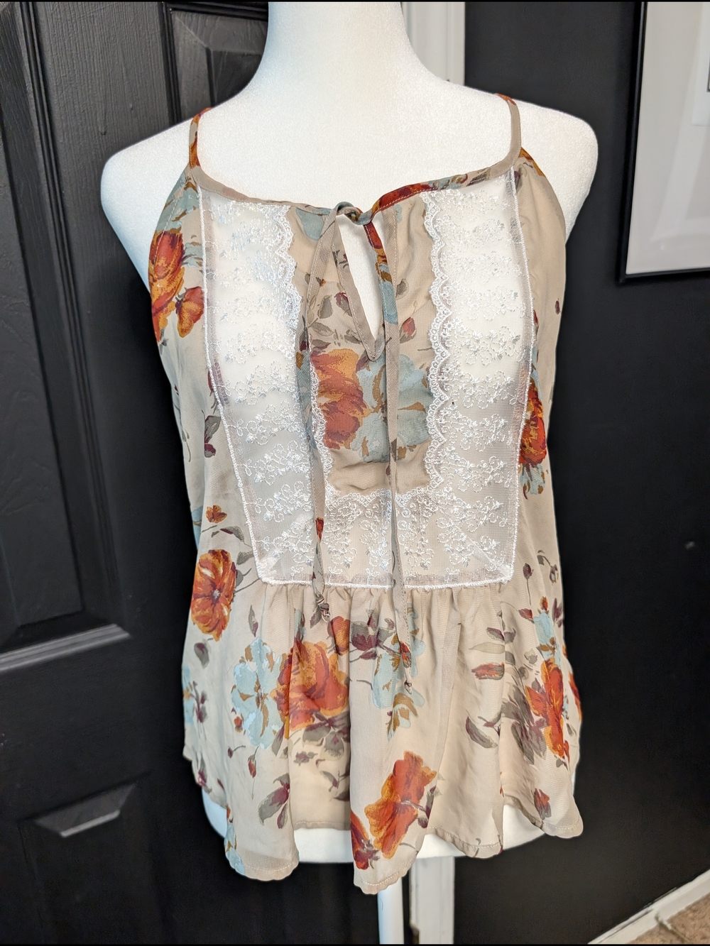 BKE Beige Floral Lace-Trim Camisole Top